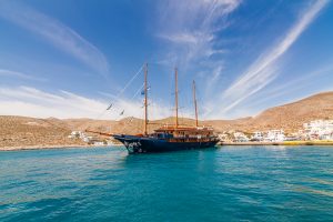 Beautiful ship sailing along the coast of Greece